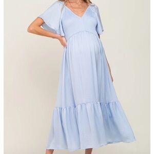 PinkBlush Light Blue Satin Smocked Maternity Midi Dress